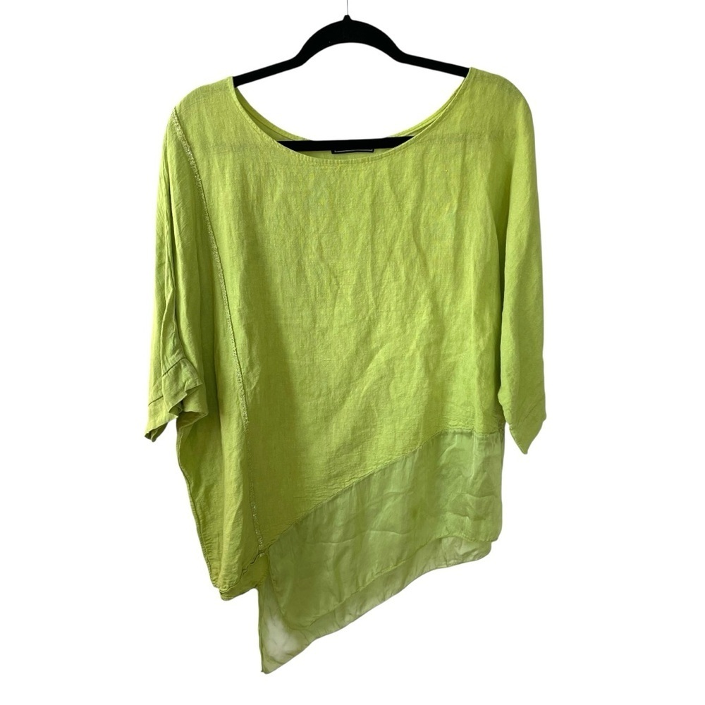 MADE IN ITALY Linen Lagenlook Asymmetrical Blouse Green